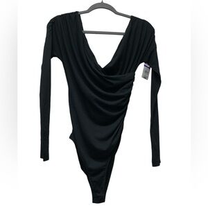New! Abound crossover v-neck long sleeve leotard bodysuit, black, cotton, small